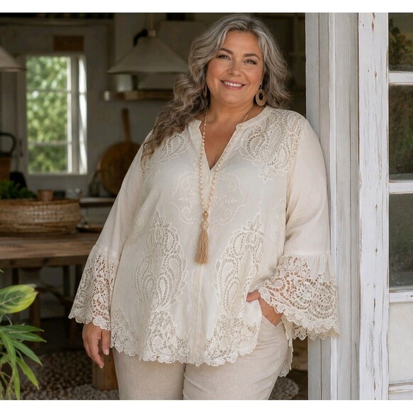 Chico's Tops - NWT Chicos Cotton Button Down Blouse Womens Sz 3 16/18 Lace Flare Sleeve Peasant